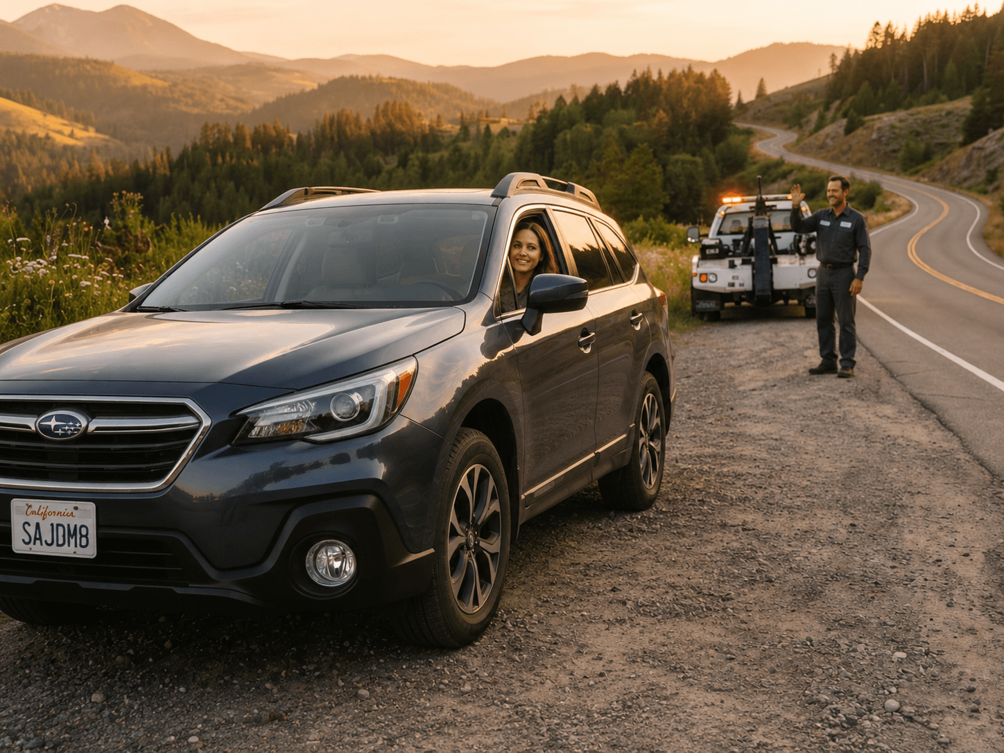A roadside assistance technician helping a driver next to an SUV parked on the shoulder at golden hour