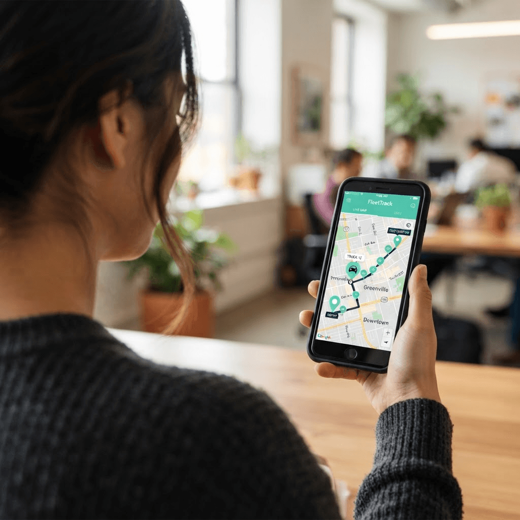Over-the-shoulder view of a person watching a live vehicle-tracking map on their phone with a location pin and route stops