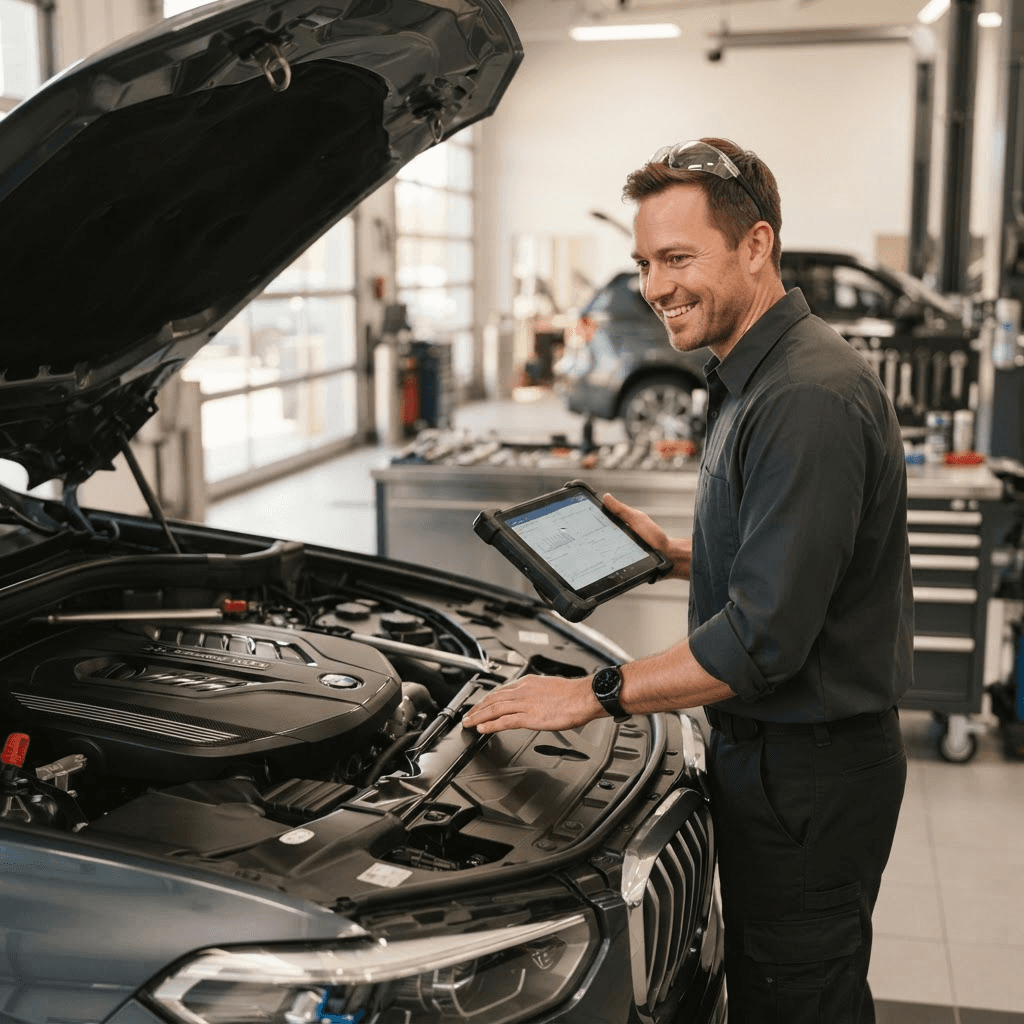 An automotive mechanic inspecting the engine bay of an SUV with a diagnostic tablet in a modern service bay
