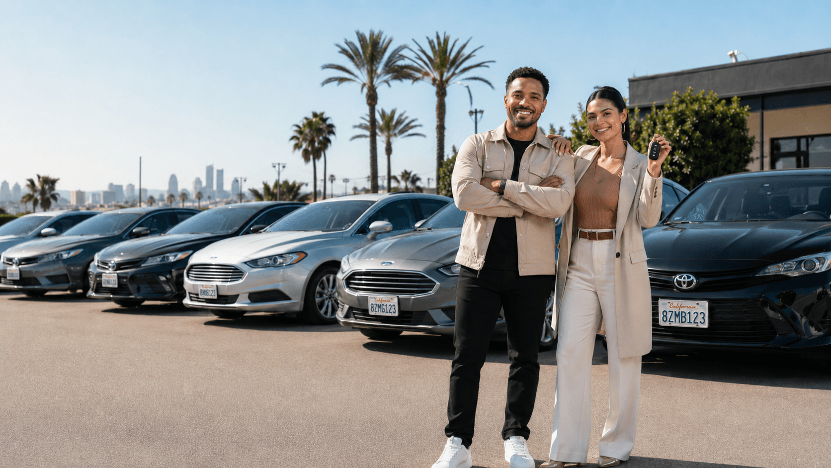 A smiling couple holding up a car key in a sunny dealership lot with a row of rental cars behind them