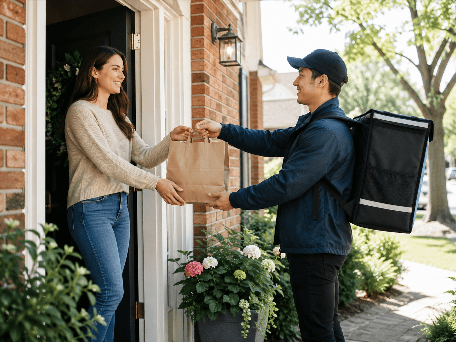 A food delivery courier handing a paper food bag to a customer at a doorstep