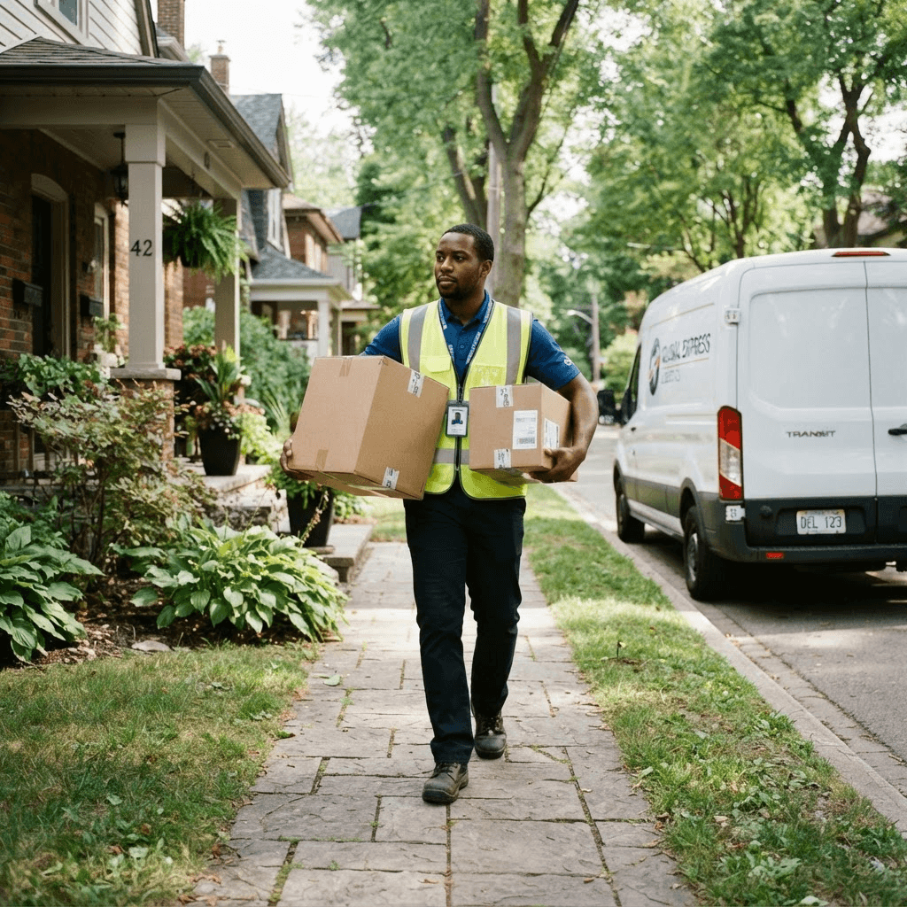 A delivery driver carrying cardboard packages from a white van to a house door