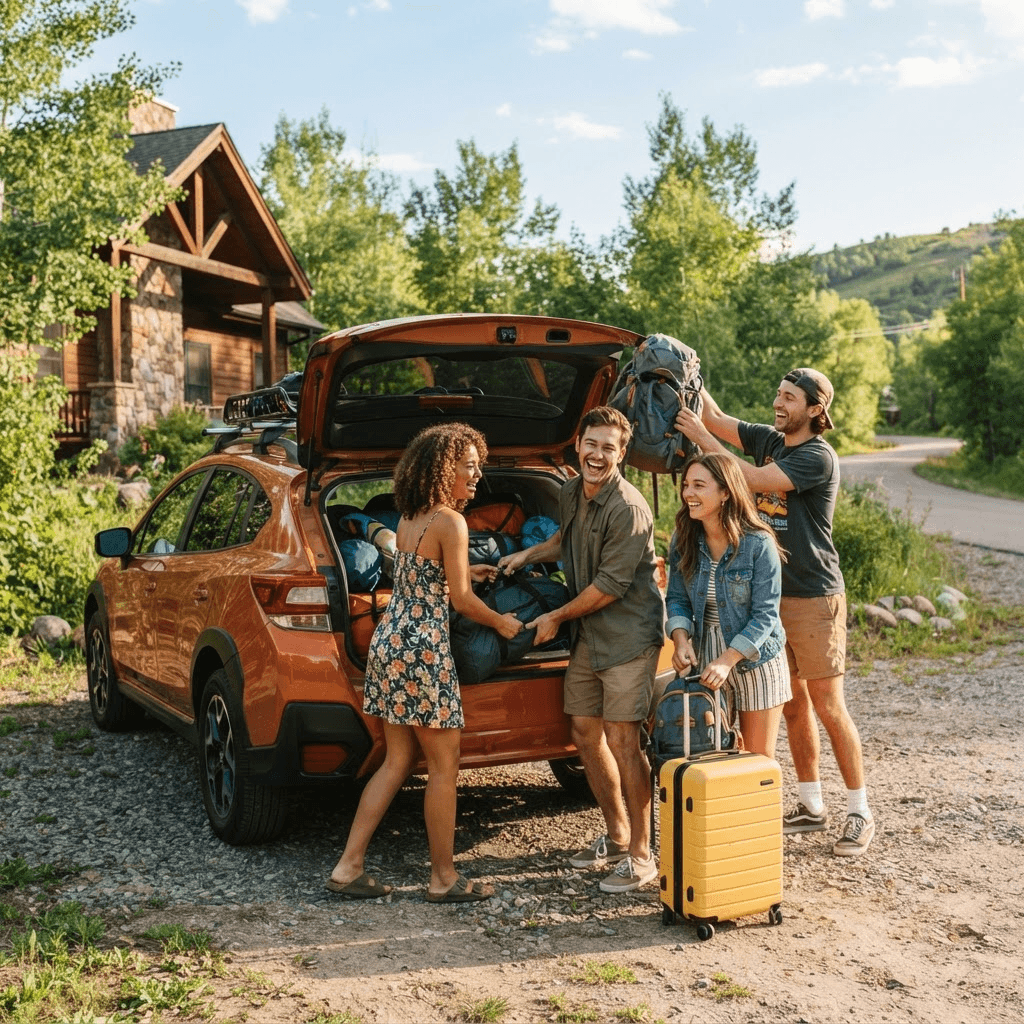 Friends loading luggage into a rental SUV for a weekend trip