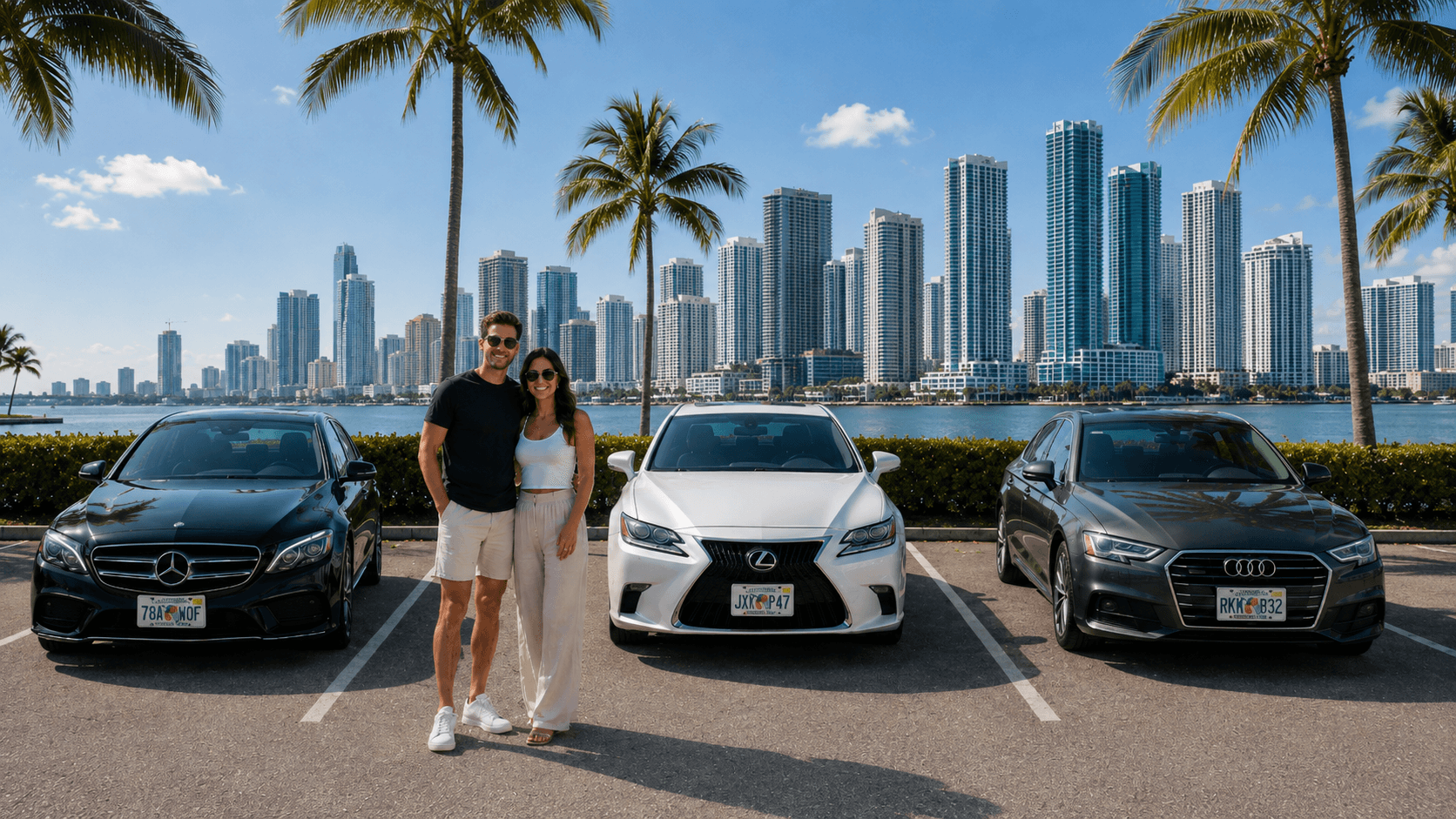 Carshare hosts standing beside their rental fleet with the Miami skyline behind them