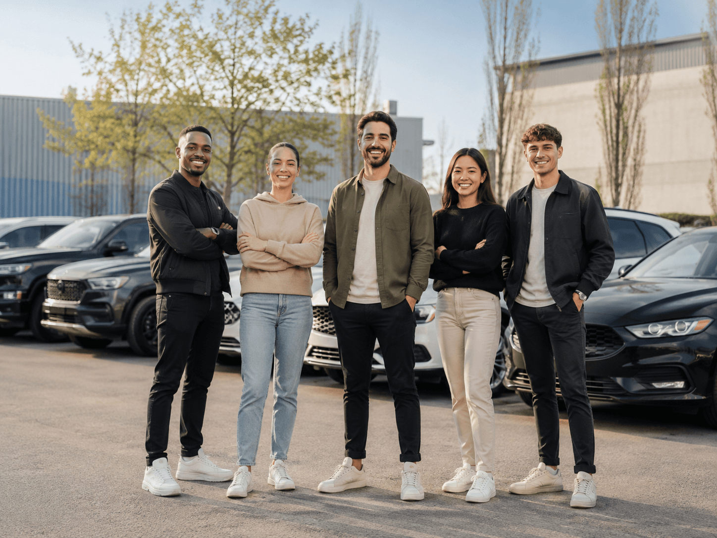 A rental business owner and staff standing in front of their vehicle fleet