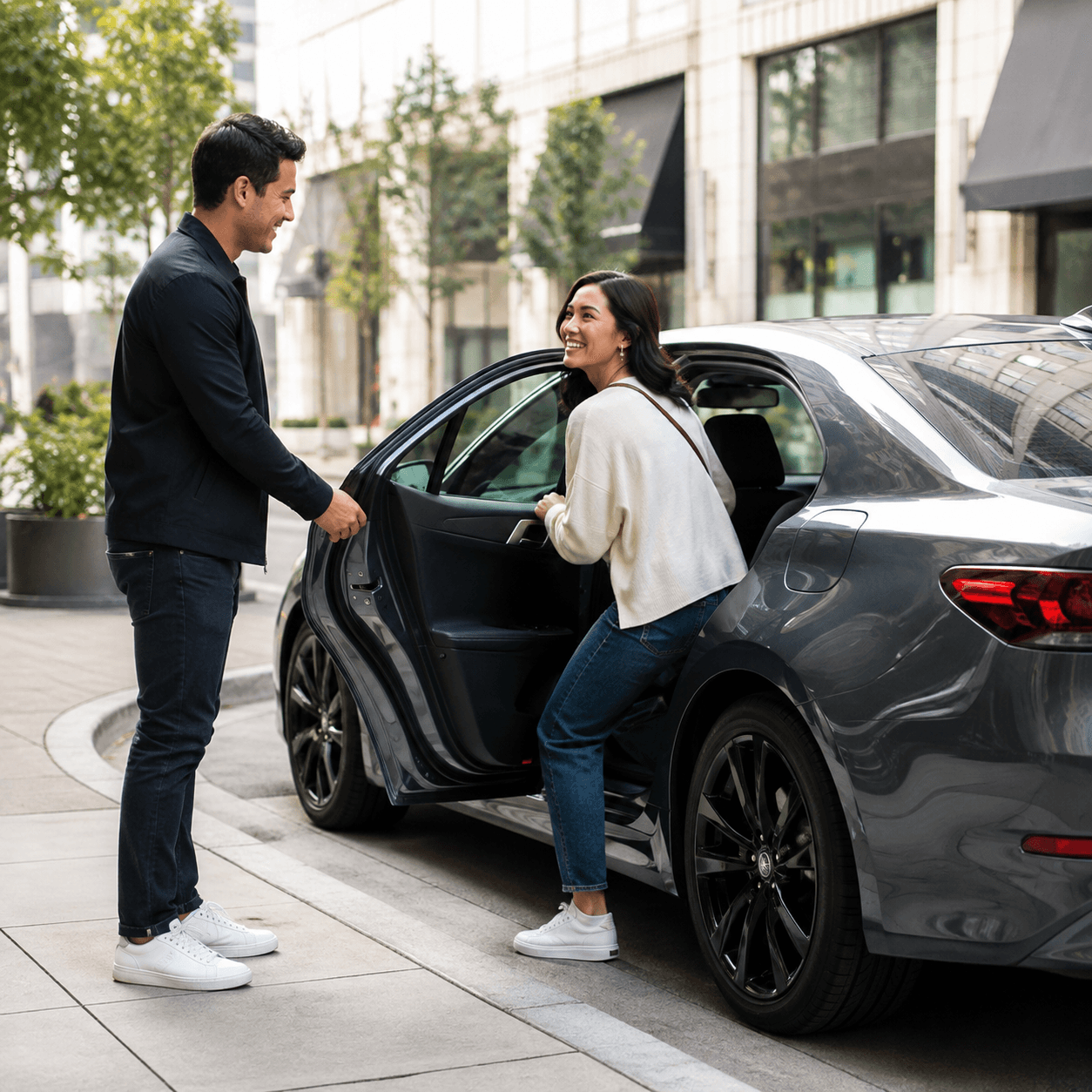 Rideshare driver holding the car door open for a passenger on a city street