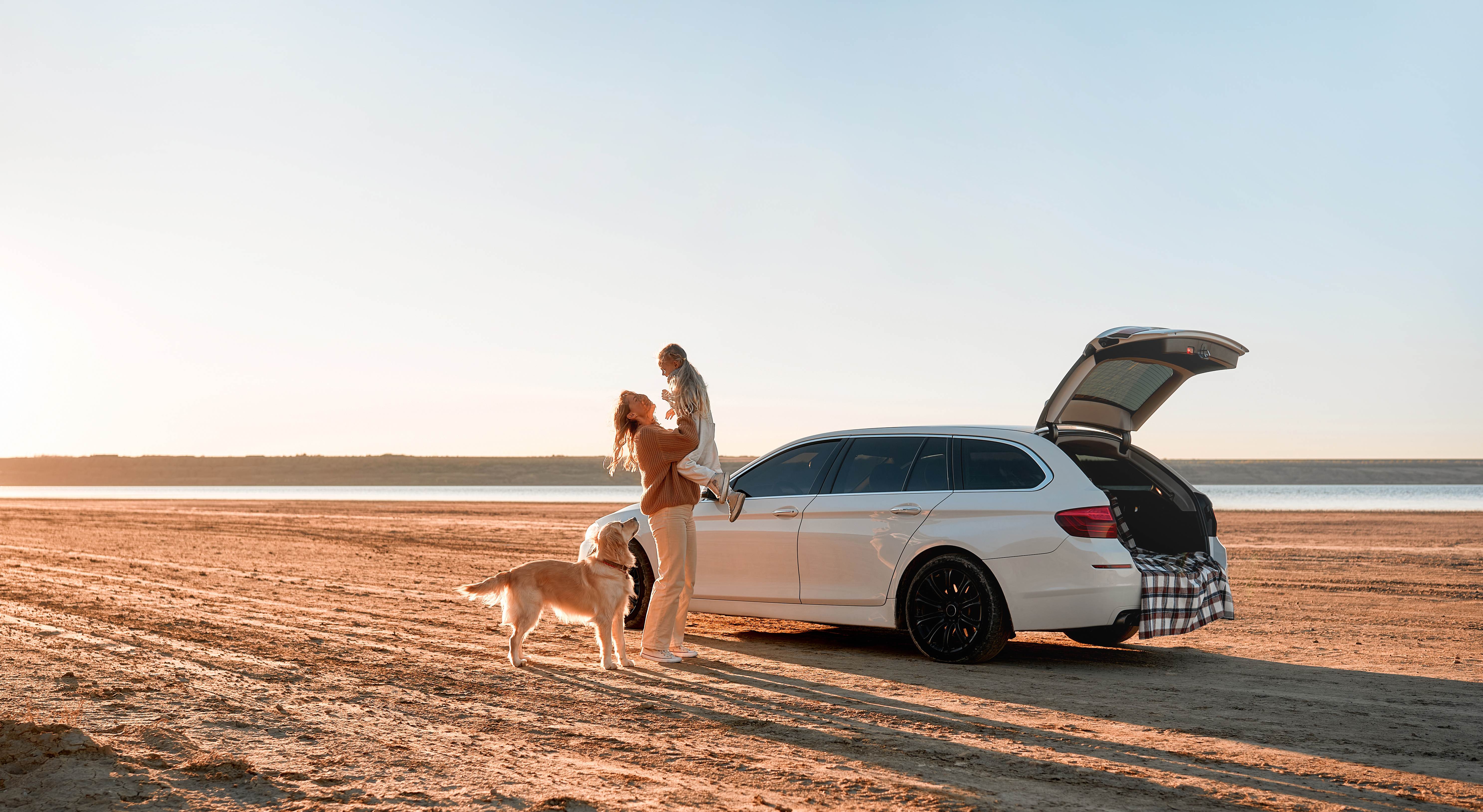 Couple with dog and SUV on beach during golden hour